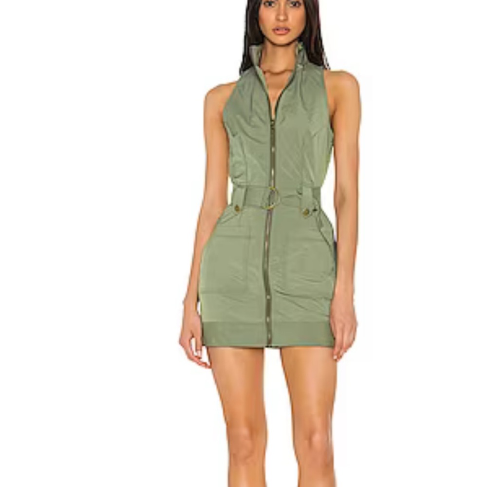Olive Green Sleeveless Belted Dress